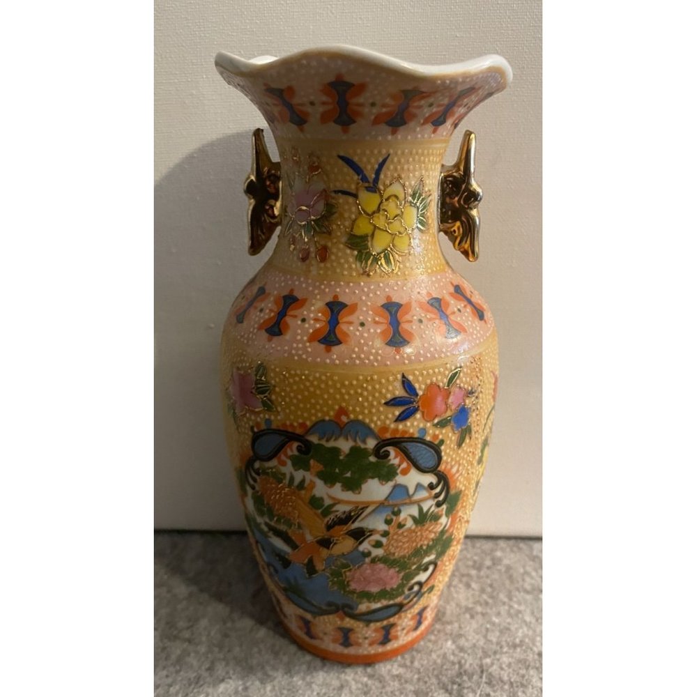 Vintage Unmarked Japanese Inspired Hand painted Vase  7.75inches Tall  # 1683